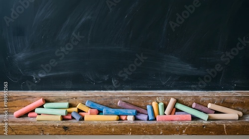 Colorful writing tools are neatly arranged across a rustic wooden surface against a dark chalkboard background creating a calm and educational atmosphere