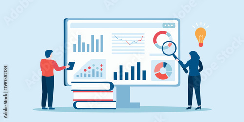 Team analyzes data visualization on a large computer screen