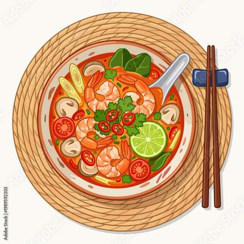 Tom Yum Soup with Shrimp and Chopsticks