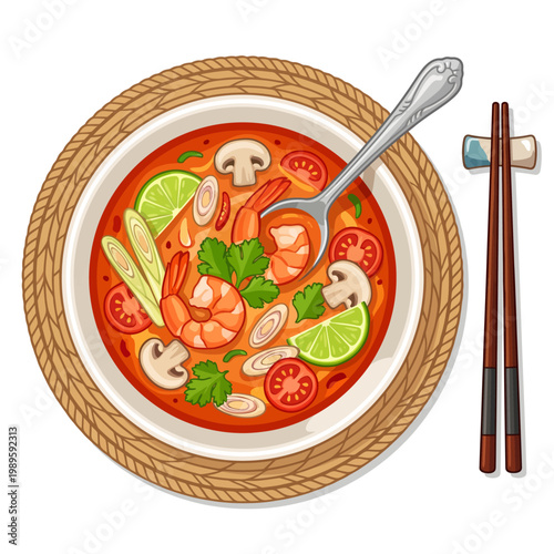 Tom Yum Soup with Shrimp and Chopsticks