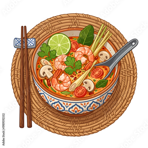 Tom Yum Soup with Shrimp and Chopsticks