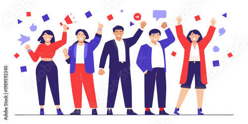 Diverse group of people celebrating success with raised arms and confetti