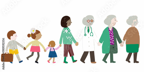 A diverse group of people including children and seniors holding hands