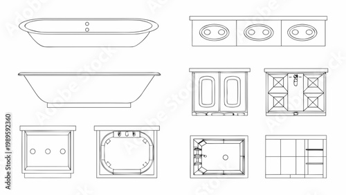 Architectural drawings of bathroom fixtures including tubs and vanities