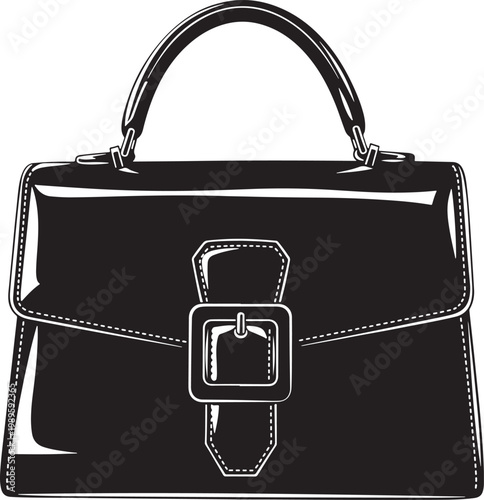 Black Handbag Illustration with Buckle and Stitching