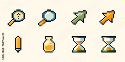 Pixel art icons depict detective tools and timekeeping devices