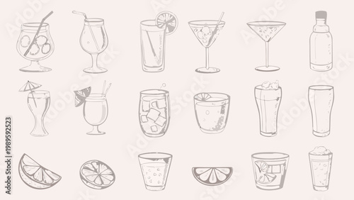 Collection of hand drawn cocktail and beverage glassware illustrations