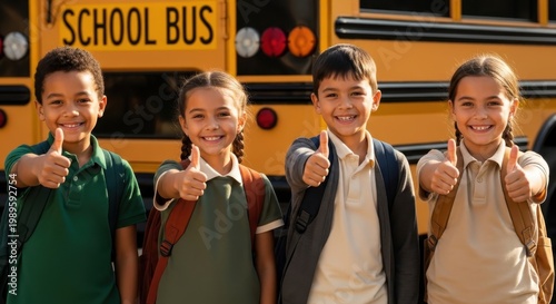 Diverse Group of Elementary School Children Smiling and Giving Thumbs Up Outside a School Bus in a Joyful Education Setting