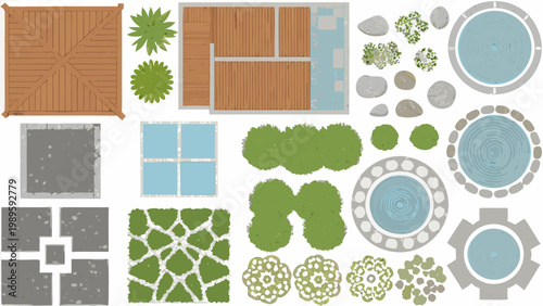 Overhead view of garden and patio design elements arranged on a grid