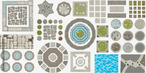 Overhead view of various tile and landscape game assets arranged neatly