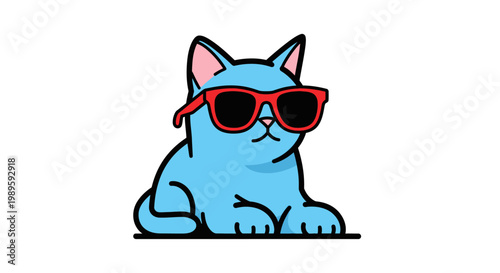 A cool blue cat with red sunglasses sits and looks forward