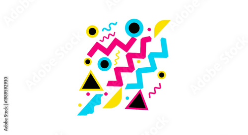 Abstract geometric shapes in pink cyan and yellow on black