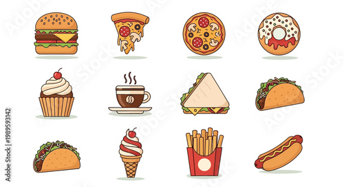 Collection of various fast foods including burgers pizza and desserts