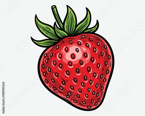Watercolor illustration of a ripe strawberry with green leaves