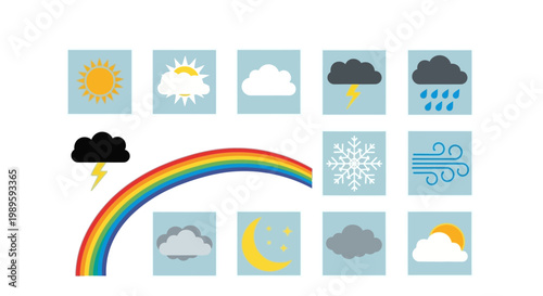 Colorful weather icons depicting sun clouds rain rainbow and more