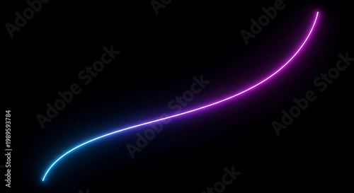 A vibrant neon light streak, shifting from pink to electric blue, gracefully curves upwards on a dark void, suggesting digital pathways, technology, or a vibrant burst of creative energy for graphics.