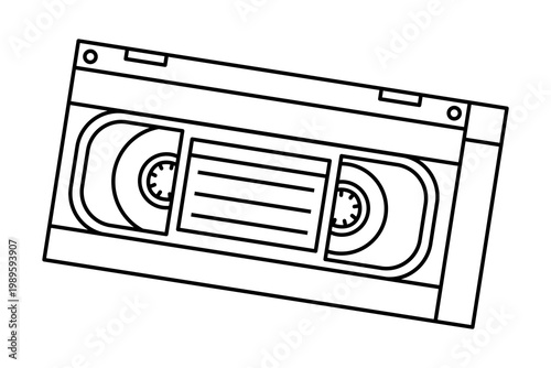 Hand drawn outline illustration of retro video cassette. Flat vector old vhs videocassette line art sticker doodle. Analog media. Vintage film or cinema record on tape icon. Isolated.