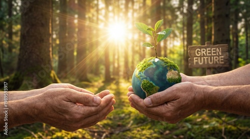 Green future concept with hands holding a globe with a plant growing on it