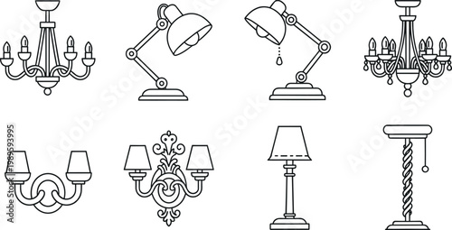 Modern interior lighting and luminaire icon set with chandelier and lamp symbols