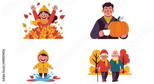 Flat design vector illustration of autumn celebration characters enjoying fall harvest lifestyle activities in warm sunlight