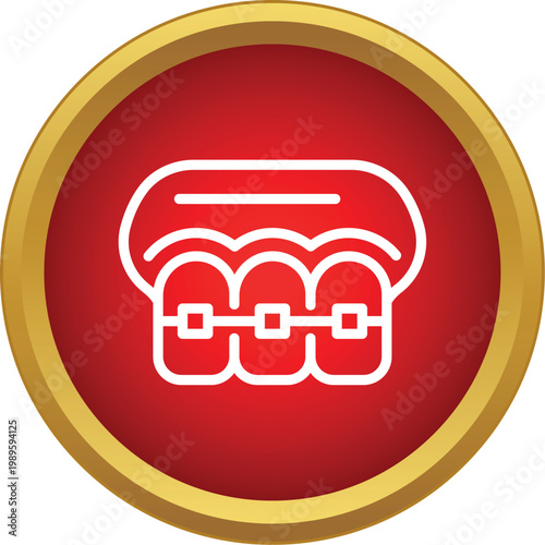 Dental braces on teeth inside a red circle, symbolizing orthodontic treatment and care