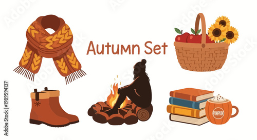 Flat design vector illustration of autumn harvest season lifestyle elements including pumpkins leaves and warm drink