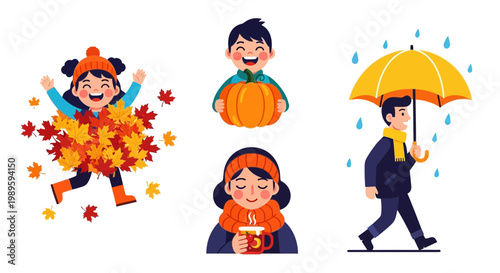 Flat design vector illustration of autumn season celebration with happy children enjoying fall foliage and protective umbrella outdoors