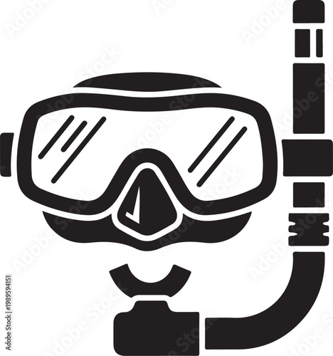 Scuba diving mask, snorkeling gear, black icon, vector illustration, diving equipment