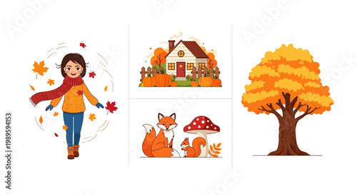 Flat design vector illustration of autumn season characters enjoying fall foliage near a cozy house with warm sunlight and happy lifestyle mood