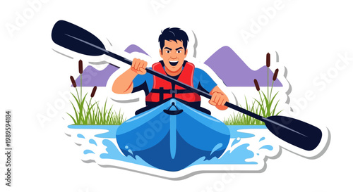 Flat design vector illustration of person paddling kayak on water during sunny outdoor recreation lifestyle activity