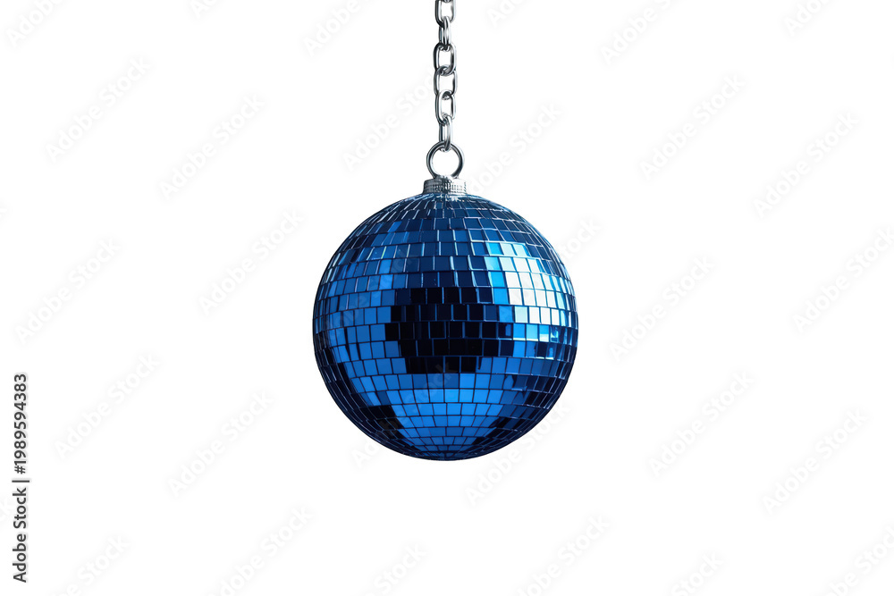 Fototapeta premium Blue mirror disco ball hanging on a chain, reflecting light, concept of party, celebration, event, dance nightlife