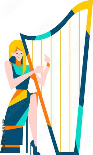 Stylized blonde woman playing a vibrant multicolored harp with serene expression.