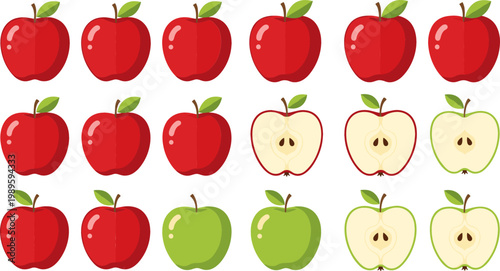 Vector Set of Red and Green Apples, Sliced and Whole, for Food, Healthy Eating, and Nutrition Designs