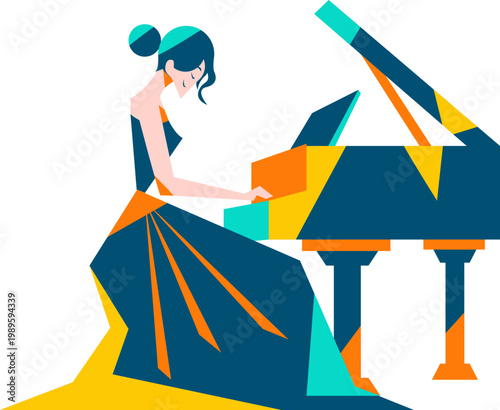 Vibrant flat design illustration of a woman with dark hair and a flowing dress playing a geometric grand piano.
