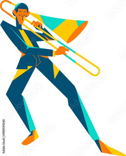 Vibrant geometric male musician playing trombone in a blue suit dynamic pose.