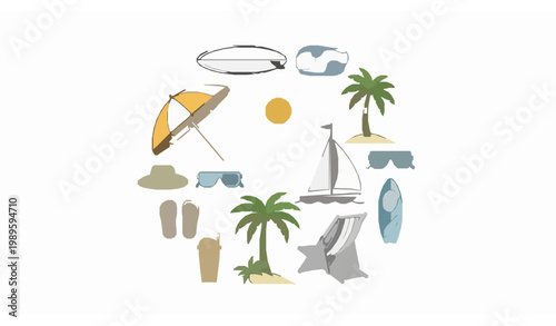 Summer beach vacation CAD style vector collection in circular layout with umbrella surfboard palm and sailboat for travel design