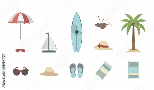 Summer beach vacation flat vector set with umbrella surfboard palm tree and sailboat for travel and holiday design