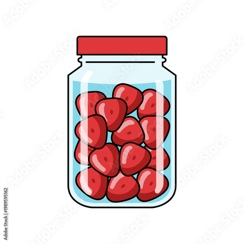 A glass jar filled with fresh, red strawberry halves, preserved for a delicious treat or ingredient.