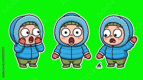 Cartoon Characters Expressing Surprise in Winter Clothing on Green Background.