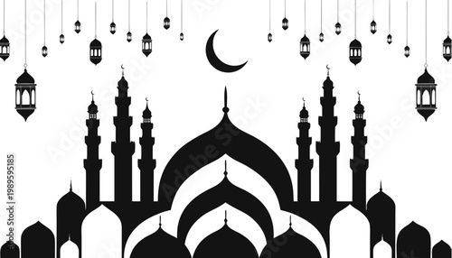 Striking black silhouette vector of a grand islamic mosque cityscape at night adorned with crescent moon and hanging lanterns evoking spiritual serenity and cultural heritage