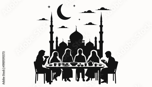 Elegant ramadan iftar gathering silhouette with a mosque and crescent moon families sharing a meal under starry night sky celebrating islamic tradition and community togetherness