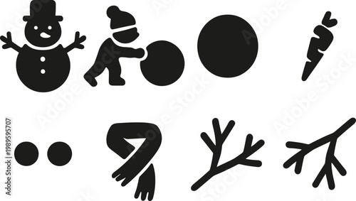 winter holiday icons set with snowman, bow tie, hat, and tree flat design vector illustration