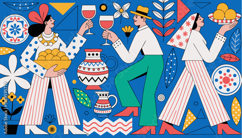 Vibrant folk art illustration capturing sicilian celebration with figures toasting wine and offering food amidst traditional motifs and bold colors expressing joyful culture