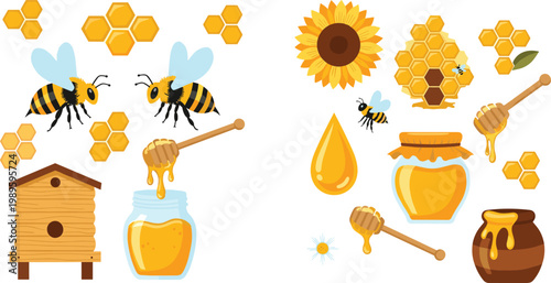 Honey and Beekeeping Set with Bees, Honeycomb, Hive, and Jars Representing Natural Sweet Product and Apiculture in Vector Illustration