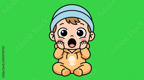 Adorable Baby with Surprised Expression and Blue Hat.