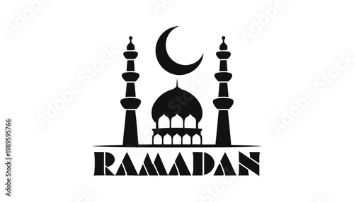 Elegant black silhouette of a mosque with crescent moon and minarets above stylized text 'ramadan' on a white background symbolizing islamic culture and religious observance