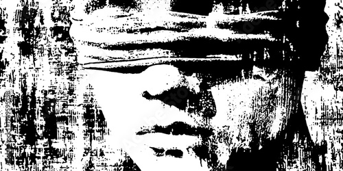 Classical statue face blindfolded with cracked marble surface