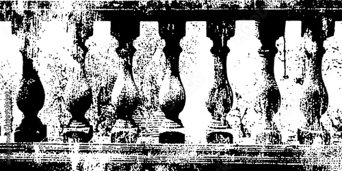 Series of aged balusters casting stark silhouettes on wall