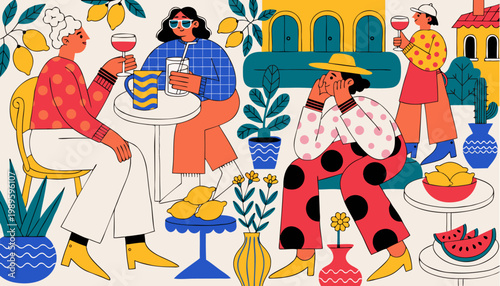 Vibrant playful illustration captures a lively mediterranean inspired outdoor cafe scene with diverse women enjoying drinks and conversation amidst lush potted plants colorful