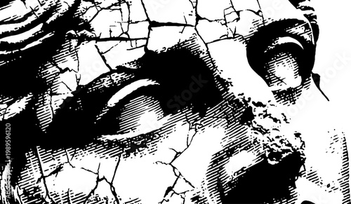 Fragmented sculpture head with heavy crack and erosion marks